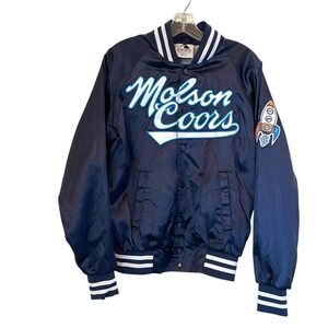 Molson Coors VTG Varsity Bomber Jacket Men Blue Satin Augusta Embroidered Small